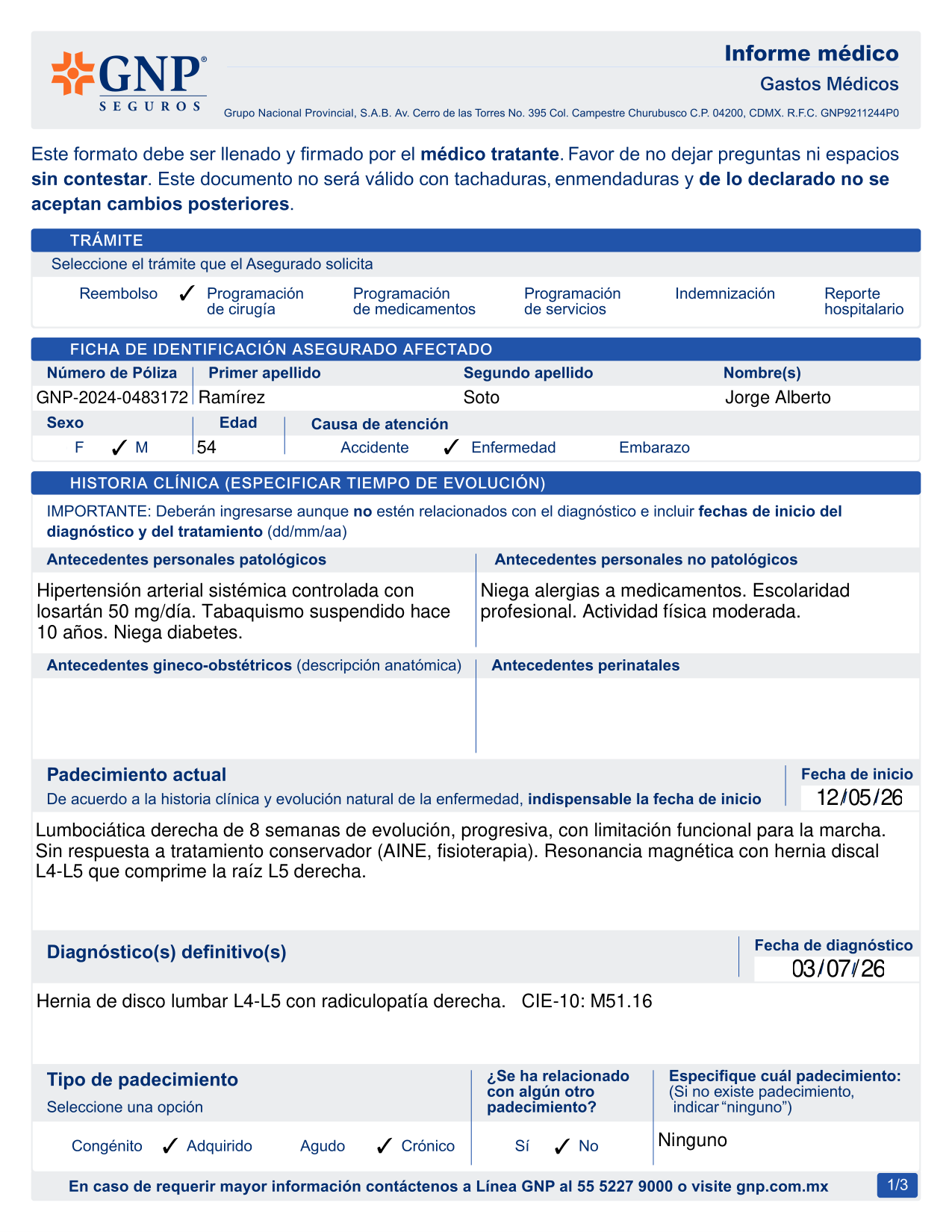 Informe médico de GNP lleno por MedGenius — página 1: ficha, historia clínica y diagnóstico con CIE-10