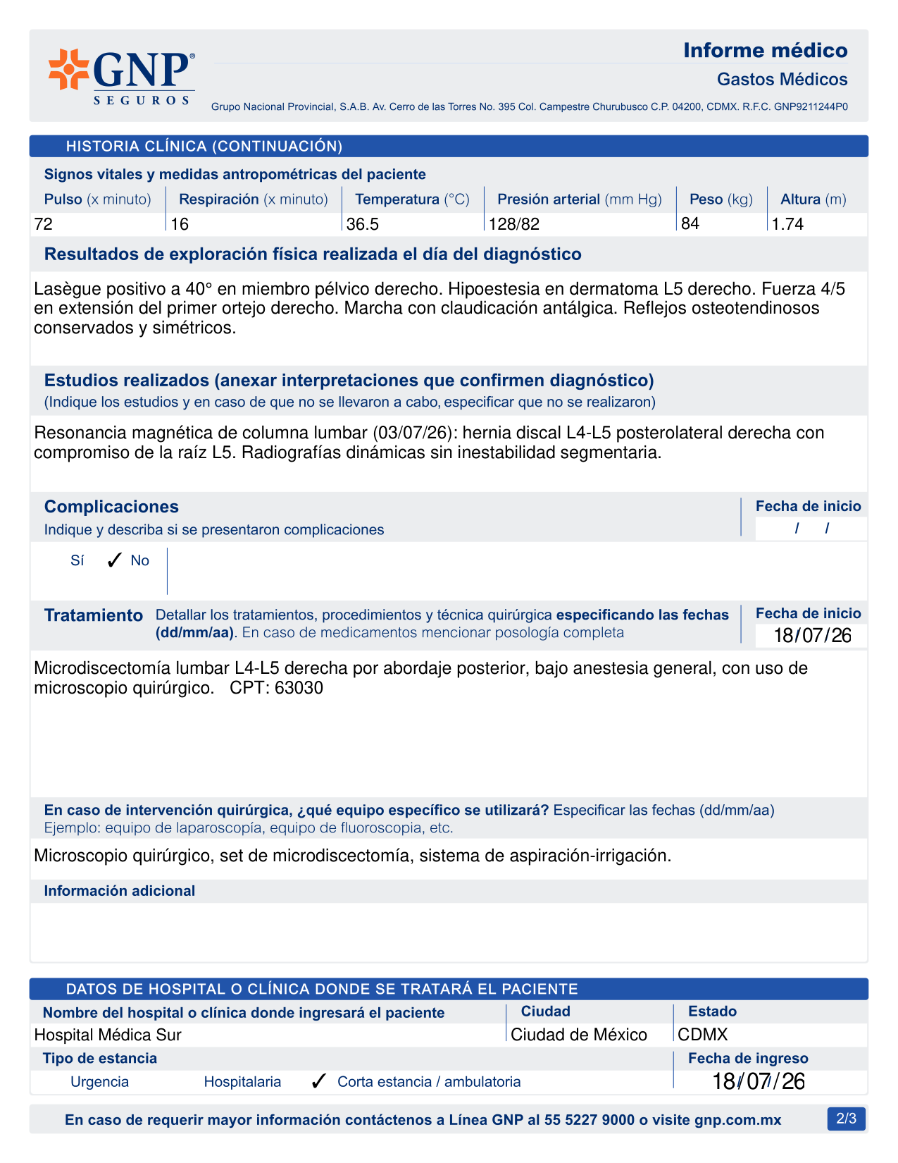 Informe médico de GNP lleno por MedGenius — página 2: exploración, tratamiento con CPT y datos del hospital